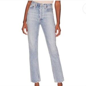 Agolde Jamie High Rise Straight Classic in Dakota Button Fly Step Fray H…